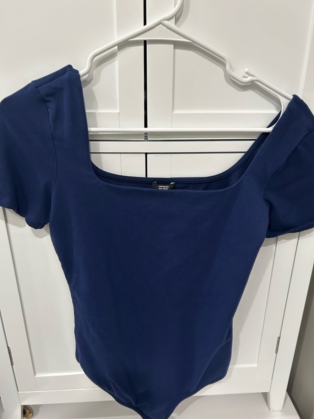 Express body contour stretch cotton Blue Square Neck Short Sleeve Bodysuit